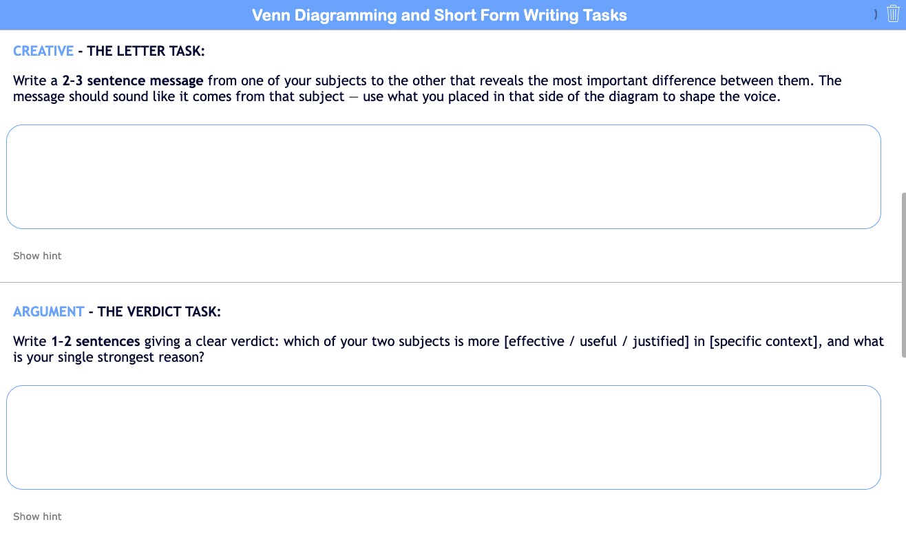 Venn Diagram Short Form Writing Tasks