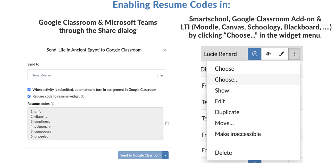 Enabling BookWidgets resume codes when sharing in Smartschool, Google Classroom and LTI 