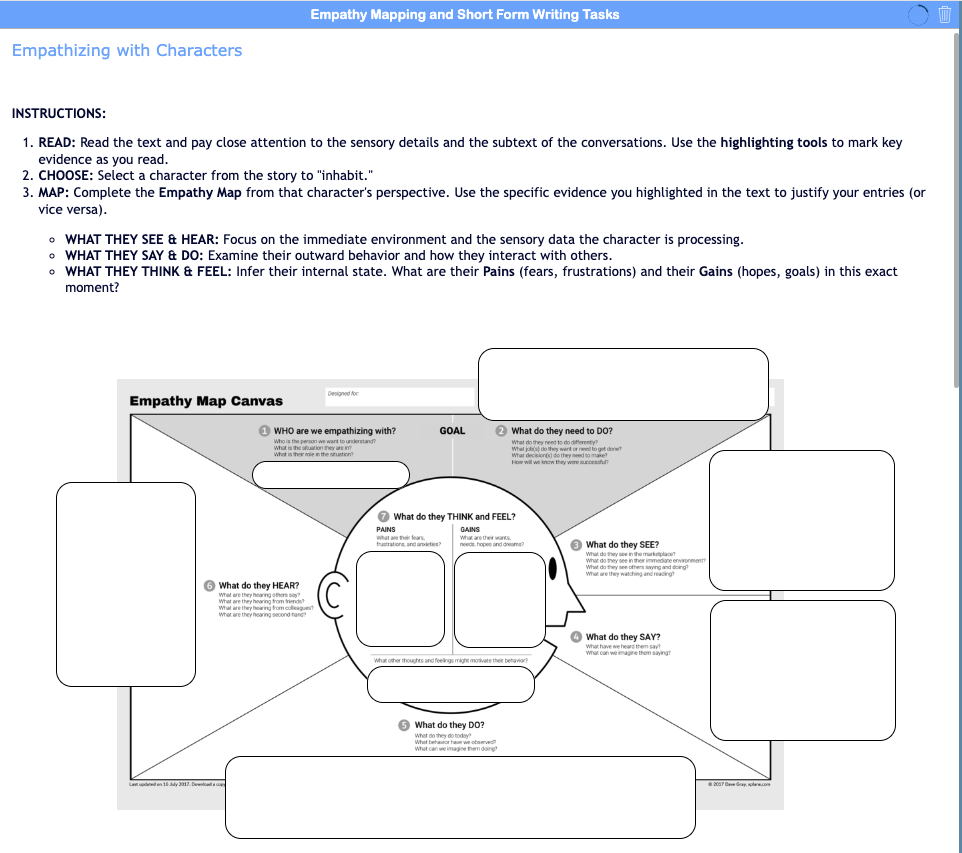 Empathy Mapping Short Form Writing Tasks for Character Analysis