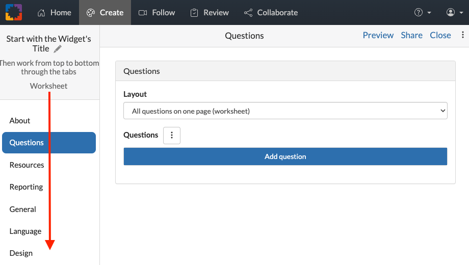 BookWidgets widget editor work from top to bottom