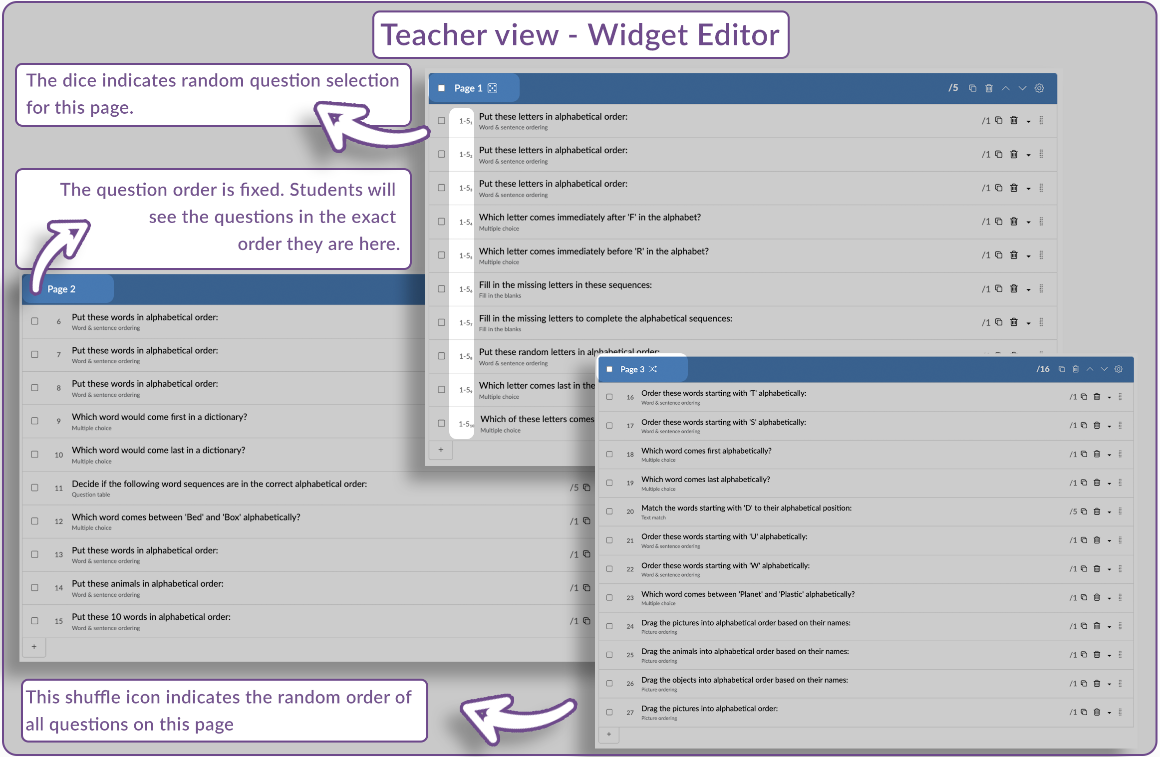 Teacher view set up random question in BookWidgets in the widget editor